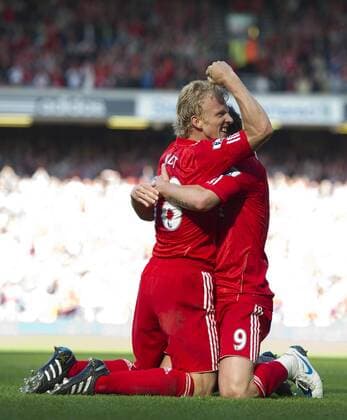 Fernando Torres (R) of Liverpool celebrates with Dirk Kuyt of Liverpool Barclays Premier League - Liverpool FC vs. West Bromwich Albion 29th August, 2010 EDITORIAL USE ONLY. No use with unauthorised audio, video, data, fixture lists, club league logos or live services. Online in-match use limited to 120 images, no video emulation. No use in betting, games or single club league player publications.