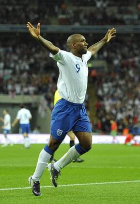 Jermaine Defoe of England celebrates his hattrick goal European Championship Qualifying Group G England v Bulgaria 3rd September, 2010 EDITORIAL USE ONLY. No use with unauthorised audio, video, data, fixture lists, club league logos or live services. Online in-match use limited to 120 images, no video emulation. No use in betting, games or single club league player publications. o0 Jubel, Freude