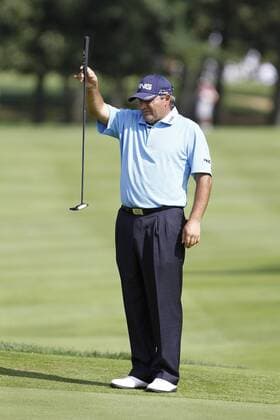 9 September 2010: PGA Argentinian golfer, Angel Cabrera plumb bobs on the 17th green during the 1st round of the BMW Classic, the third leg of the Fed-ex Cup on the Dubsdread Course at the Cog Hill Golf and Country Club in Lemont, Illinois. Icon518090920100061 EDITORIAL USE ONLY