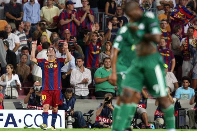 14.09.2010, Barcelona - UEFA Champions League 2010 2011 - FC Barcelona (red stripes) vs Panathinaikos Athens (green) 5:1 --- Lionel Messi celebrates second goal  o0 Jubel Freude