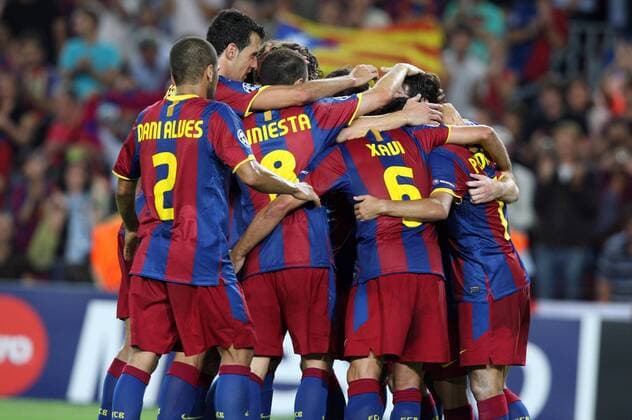 14.09.2010, Barcelona - UEFA Champions League 2010 2011 - FC Barcelona (red stripes) vs Panathinaikos Athens (green) 5:1 --- FC Barcelona players celebrate  o0 Jubel Freude