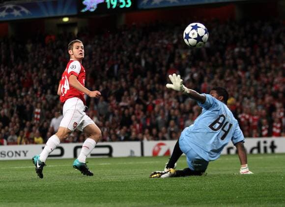 Arsenal s Jack Wilshere sees his shot go wide against Braga s keeper Felipe --- UEFA Champions League - Group H - FC Arsenal London (red) vs SC Sporting Braga (black), 15th September, 2010 EDITORIAL USE ONLY. No use with unauthorised audio, video, data, fixture lists, club league logos or live services. Online in-match use limited to 120 images, no video emulation. No use in betting, games or single club league player publications.