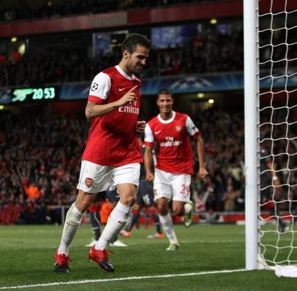 Arsenal FC London s Cesc Fabregas celebrates scoring his sides fourth goal UEFA Champions League Group H Arsenal FC London v SC Sporting Braga 15th September, 2010 EDITORIAL USE ONLY. No use with unauthorised audio, video, data, fixture lists, club league logos or live services. Online in-match use limited to 120 images, no video emulation. No use in betting, games or single club league player publications. o0 Jubel, Freude,