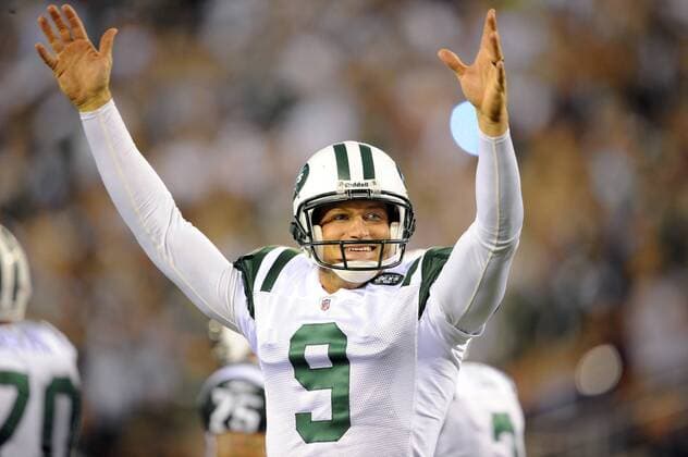 19 September 2010: New York Jets punter Steve Weatherford (9) reacts after a field goal during the second half the New England Patriots vs New York Jets game at the New Meadowlands Stadium in East Rutherford, New Jersey The Jets beat the Patriots 28-14 Icon781100919101 EDITORIAL USE ONLY