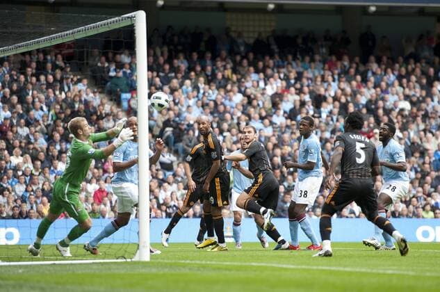 Branislav Ivanovic of Chelsea (4L) watches as his header is saved by Joe Hart of Manchester City (L) - Premier League - Manchester City - Chelsea FC London 1:0 - 2010 EDITORIAL USE ONLY. No use with unauthorised audio, video, data, fixture lists, club league logos or live services. Online in-match use limited to 120 images, no video emulation. No use in betting, games or single club league player publications.