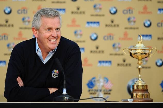Golf - Ryder Cup 2010 - Captains Press Conference European Captain Colin Montgomerie (SCO) answer question from the press at Celtic Manor, Newport  o0 RyderCup, Pokal Trophäe Objekte