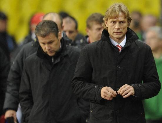 MOSCOW, MSK Zilina s coach Pavel Hapal (L) and Spartak Moscow s coach Valery Karpin (R) seen during the Champions League Group F football match in Moscow. Spartak won 3-0.  RE0D8C9D