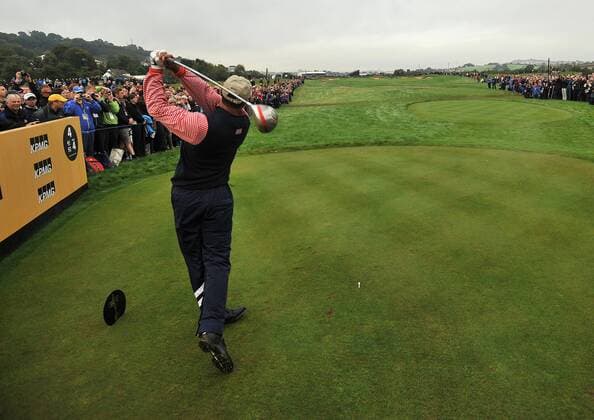 Golf - Ryder Cup 2010 - Practice Day 3, Tiger Woods (USA) of the US drives his ball onto the 4th fairway during practice at Celtic Manor, Newport 