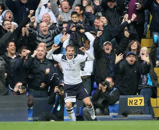 Tottenhams Rafael Van Der Vaart celebrates scoring his sides opening goal Barclays Premier League Tottenham Hotspur - EDITORIAL USE ONLY. No use with unauthorised audio, video, data, fixture lists, club league logos or live services. Online in-match use limited to 120 images, no video emulation. No use in betting, games or single club league player publications.