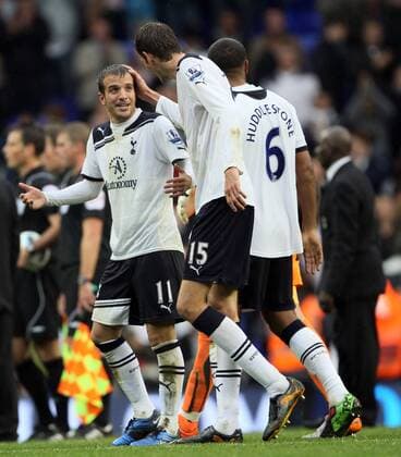 Tottenhams Rafael Van Der Vaart (L) celebrates at the finalwhistle Barclays Premier League Tottenham Hotspur v Aston Villa 2nd October, 2010 EDITORIAL USE ONLY. No use with unauthorised audio, video, data, fixture lists, club league logos or live services. Online in-match use limited to 120 images, no video emulation. No use in betting, games or single club league player publications. o0 Freude
