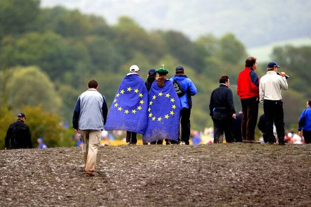 Team Europe supporters make their way through the mud beside the fairways The 2010 Ryder Cup Day 2 The 2010 Ryder Cup Day 2 2nd October, 2010 EDITORIAL USE ONLY. No use with unauthorised audio, video, data, fixture lists, club league logos or live services. Online in-match use limited to 120 images, no video emulation. No use in betting, games or single club league player publications.