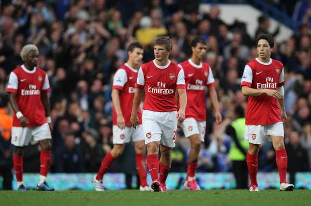 Arsenals Andrei Arshavin (C) looks on dejected as his side goes 2-0 down - Chelsea FC London - Arsenal FC London - EDITORIAL USE ONLY. No use with unauthorised audio, video, data, fixture lists, club league logos or live services. Online in-match use limited to 120 images, no video emulation. No use in betting, games or single club league player publications.