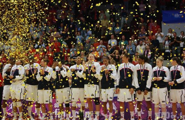 Players of the USA basketball team celebrate on the podium after winning the World Championship women s basketball tournament in Karlovy Vary - 