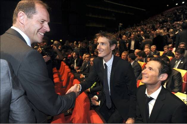 Präsentation Tour de France 2011 - 19.10.2010 - V.li. CHRISTIAN PRUDHOMME ( Organisator Tour de France ) - FRANK SCHLECK (LUX) - ANDY SCHLECK (LUX) -- xPhotoNewsx  o0 Funktionär