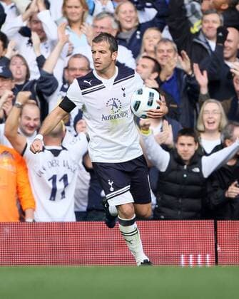 Tottenhams Rafael Van Der Vaart celebrates scoring his sides opening goal - Premier League Tottenham Hotspur (white) v FC Everton 23rd October, 2010 EDITORIAL USE ONLY. No use with unauthorised audio, video, data, fixture lists, club league logos or live services. Online in-match use limited to 120 images, no video emulation. No use in betting, games or single club league player publications.
