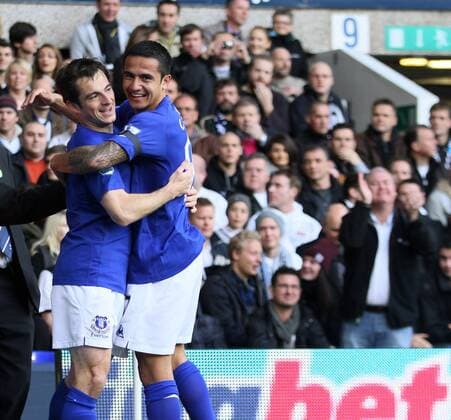 Everton FC s Leighton Baines (L) celebrates scoring his sides opening goal with Tim Cahill - - Premier League Tottenham Hotspur (white) v FC Everton 23rd October, 2010 EDITORIAL USE ONLY. No use with unauthorised audio, video, data, fixture lists, club league logos or live services. Online in-match use limited to 120 images, no video emulation. No use in betting, games or single club league player publications.