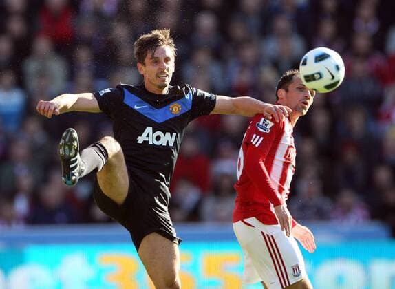 Stokes Matthew Etherington tussles with Manchester Uniteds Gary Neville - Barclays Premier League Stoke City (red) v Manchester United ManU (black) 24th October, 2010 EDITORIAL USE ONLY. No use with unauthorised audio, video, data, fixture lists, club league logos or live services. Online in-match use limited to 120 images, no video emulation. No use in betting, games or single club league player publications.