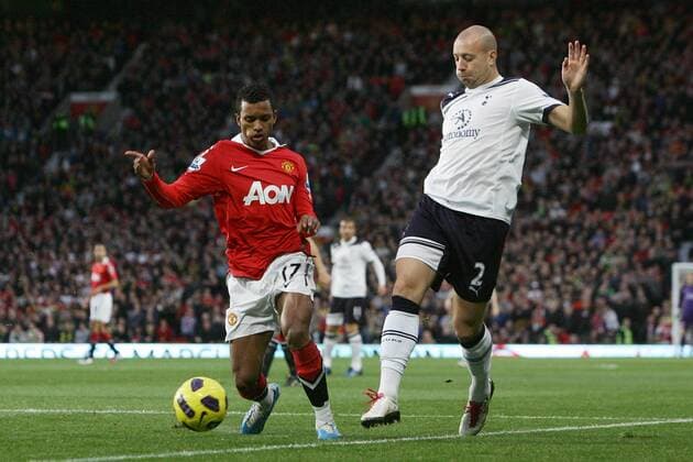 Football - Premier League - Manchester United vs. Tottenham Hotspur Nani l. of Manchester United Manu and Tottenham s Alan Hutton in action at Old Trafford 