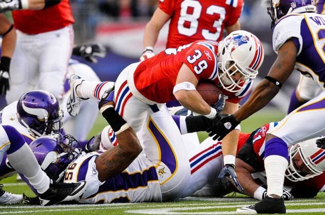 Oct. 31, 2010 - Foxborough, Massachusetts, United States of America - New England Patriots RB Danny Woodhead (39) is tripped up at the end of a run. The Minnesota Vikings and New England Patriots are tied up at 7 at the end of the first half at Gillette Stadium. - ZUMAq39