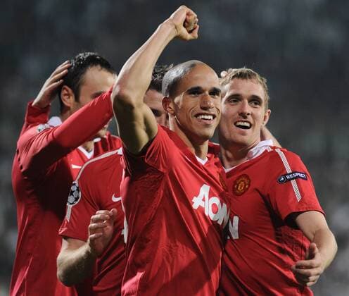 UEFA Champions League group C soccer match between Bursasport and Manchester United ManU at Ataturk Stadium in Bursa, 02.11.2010 Mancherter United won scored 3 - 0 Pictured: (L-R) Michael Carrick and Gabriel Obertan and Darren Fletcher of Man. United. 