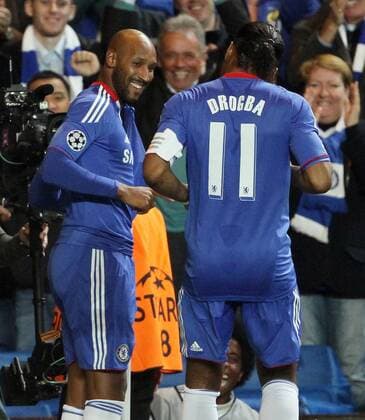 Chelsea s Nicolas Anelka (L) celebrates scoring his sides opening goal. UEFA Champions League, Chelsea FC London vs Spartak Moscow, 3rd November, 2010 EDITORIAL USE ONLY. No use with unauthorised audio, video, data, fixture lists, club league logos or live services. Online in-match use limited to 120 images, no video emulation. No use in betting, games or single club league player publications. o0 Jubel, Freude