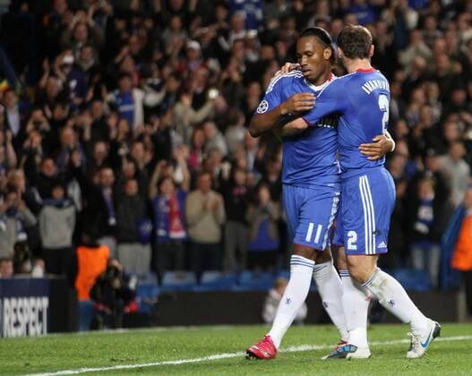 Chelsea s Didier Drogba (L) celebrates scoring his sides second goal. UEFA Champions League, Chelsea FC London vs Spartak Moscow, 3rd November, 2010 EDITORIAL USE ONLY. No use with unauthorised audio, video, data, fixture lists, club league logos or live services. Online in-match use limited to 120 images, no video emulation. No use in betting, games or single club league player publications. o0 Jubel, Freude