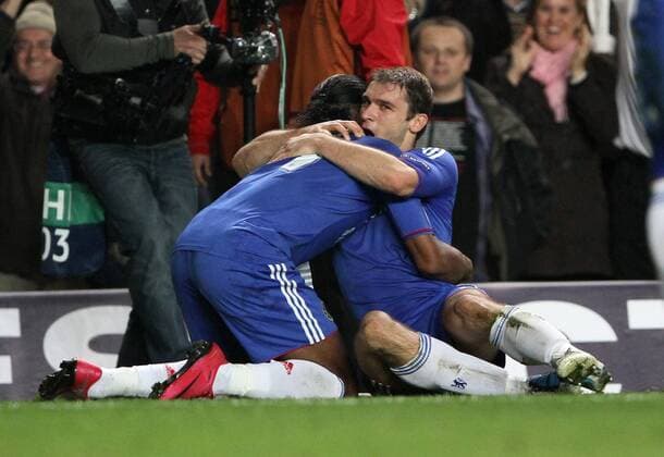 Chelsea s Branislav (R) Ivanovic celebrates scoring his sides third goal with Didier Drogba. UEFA Champions League, Chelsea FC London vs Spartak Moscow, 3rd November, 2010 EDITORIAL USE ONLY. No use with unauthorised audio, video, data, fixture lists, club league logos or live services. Online in-match use limited to 120 images, no video emulation. No use in betting, games or single club league player publications. o0 Jubel, Freude