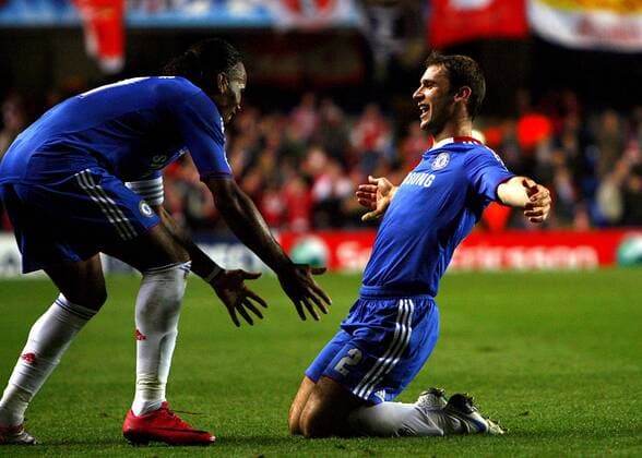Branislav Ivanovic (R) of Chelsea celebrates scoring his side s third goal. UEFA Champions League, Chelsea FC London vs Spartak Moscow, 3rd November, 2010 EDITORIAL USE ONLY. No use with unauthorised audio, video, data, fixture lists, club league logos or live services. Online in-match use limited to 120 images, no video emulation. No use in betting, games or single club league player publications. o0 Jubel, Freude