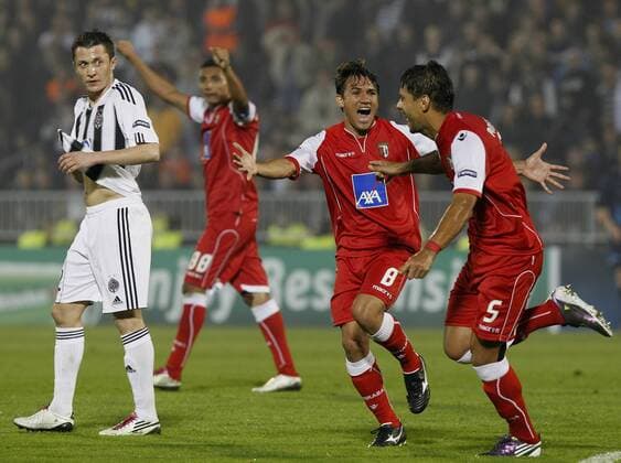 FC Braga player Moises, right and Mossoro, celebrate, during their Group H UEFA Champions League match in Belgrade, Serbia, Wednesday, Nov. 3, 2010. PARTIZAN BELGRAD vs SC Sporting Braga.  PARTIZAN-BRAGA_03
