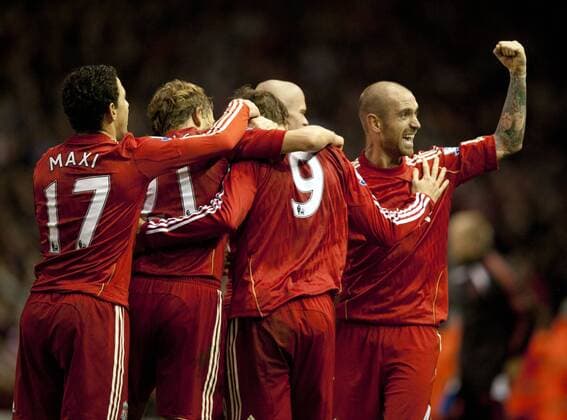Liverpool celebrates, (L-R) Maxi Rodriguez, Lucas Leiva, Fernando Torres and Raul Meireles - Liverpool FC vs. Chelsea FC EDITORIAL USE ONLY. No use with unauthorised audio, video, data, fixture lists, club league logos or live services. Online in-match use limited to 120 images, no video emulation. No use in betting, games or single club league player publications. o0 Freude