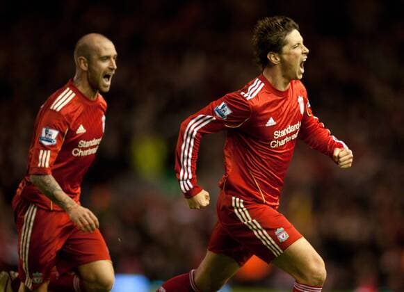 Fernando Torres of Liverpool (R) celebrates scoring his second goal - Liverpool FC vs. Chelsea FC EDITORIAL USE ONLY. No use with unauthorised audio, video, data, fixture lists, club league logos or live services. Online in-match use limited to 120 images, no video emulation. No use in betting, games or single club league player publications. o0 Freude Emotionen