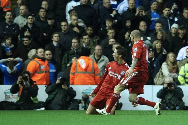 Liverpool FC vs. Chelsea FC London - Fernando Torres (L) and Raul Meireles of Liverpool celebrates at Anfield 