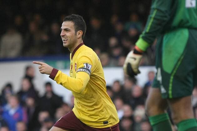 Football - Premier League - Everton vs. Arsenal Arsenal s Cesc Fabregas celebrates his sides 2nd goal at Goodison Park  o0 Jubel Freude