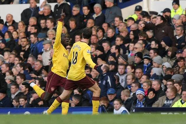 Football - Premier League - Everton vs. Arsenal Arsenal s Bacary Sagna l. celebrates his opening goal at Goodison Park  o0 Jubel Freude