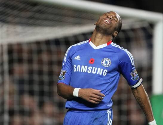 FC Chelseas Didier Drogba looks on dejected as his side loses 3-0 - Premier League - FC Chelsea (blue) vs AFC Sunderland 14th November, 2010 - EDITORIAL USE ONLY. No use with unauthorised audio, video, data, fixture lists, club league logos or live services. Online in-match use limited to 120 images, no video emulation. No use in betting, games or single club league player publications.