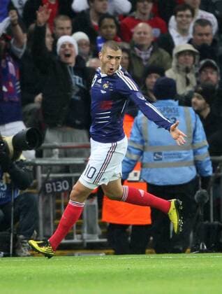 Karim Benzema celebrates scoring his sides first goal International Friendly England (white) v France (blue) 17th November, 2010 EDITORIAL USE ONLY. No use with unauthorised audio, video, data, fixture lists, club league logos or live services. Online in-match use limited to 120 images, no video emulation. No use in betting, games or single club league player publications.