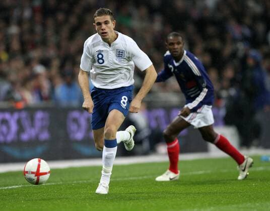 Englands Jordan Henderson in action International Friendly England (white) v France (blue) 17th November, 2010 EDITORIAL USE ONLY. No use with unauthorised audio, video, data, fixture lists, club league logos or live services. Online in-match use limited to 120 images, no video emulation. No use in betting, games or single club league player publications.