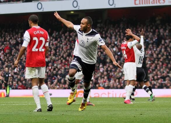 Tottenhams Younes Kaboul celebrates his goal --- Barclays Premier League, Arsenal (red) v Tottenham Hotspur (white) 20th November, 2010 EDITORIAL USE ONLY. No use with unauthorised audio, video, data, fixture lists, club league logos or live services. Online in-match use limited to 120 images, no video emulation. No use in betting, games or single club league player publications.