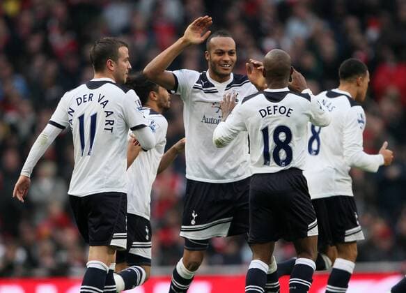 Tottenhams Younes Kaboul celebrates his goal --- Barclays Premier League, Arsenal (red) v Tottenham Hotspur (white) 20th November, 2010 EDITORIAL USE ONLY. No use with unauthorised audio, video, data, fixture lists, club league logos or live services. Online in-match use limited to 120 images, no video emulation. No use in betting, games or single club league player publications.