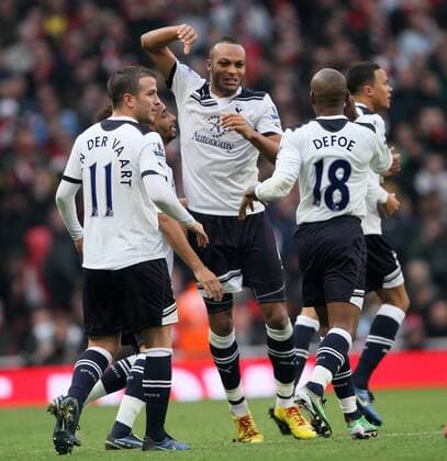 Tottenhams Younes Kaboul celebrates his goal --- Barclays Premier League, Arsenal (red) v Tottenham Hotspur (white) 20th November, 2010 EDITORIAL USE ONLY. No use with unauthorised audio, video, data, fixture lists, club league logos or live services. Online in-match use limited to 120 images, no video emulation. No use in betting, games or single club league player publications.