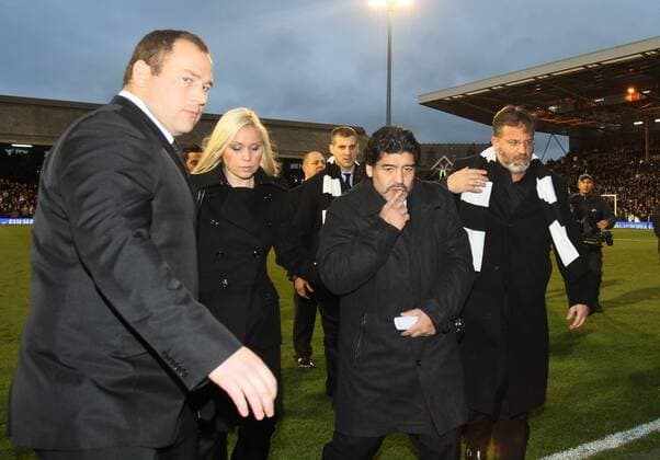 Diego Maradona (Argentina, C) goes to the stand - Fulham FC - Manchester City - EDITORIAL USE ONLY. No use with unauthorised audio, video, data, fixture lists, club league logos or live services. Online in-match use limited to 120 images, no video emulation. No use in betting, games or single club league player publications.
