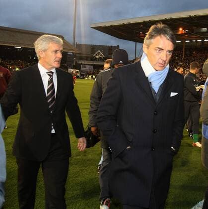 Fulhams coach Mark Hughes (L) and Manchester Citys coach Roberto Mancini - Fulham FC - Manchester City - EDITORIAL USE ONLY. No use with unauthorised audio, video, data, fixture lists, club league logos or live services. Online in-match use limited to 120 images, no video emulation. No use in betting, games or single club league player publications.