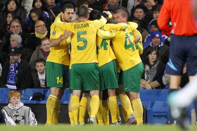 Football - Champions League - FC Chelsea (blue) vs. MSK Zilina (yellow) --- MSK Zilina celebrate scoring at Stamford Bridge 