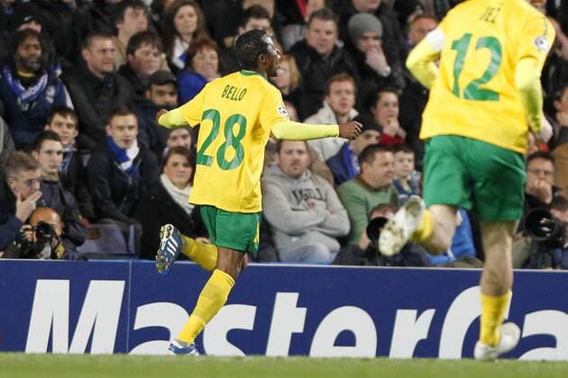 Football - Champions League - FC Chelsea (blue) vs. MSK Zilina (yellow) --- MSK Zilina s Babatounde Bello celebrates scoring at Stamford Bridge 