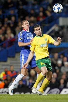 Football - Champions League - FC Chelsea (blue) vs. MSK Zilina (yellow) --- Chelsea s Jeffrey Bruma and MSK Zilina s Tomas Oravec at Stamford Bridge 