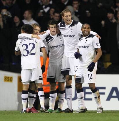 Tottenhams Luka Modric (2.L) celebrates scoring his sides second goal - Champions League, Tottenham Hotspur (white) vs. Werder Bremen (green), 24th November, 2010 EDITORIAL USE ONLY. No use with unauthorised audio, video, data, fixture lists, club league logos or live services. Online in-match use limited to 120 images, no video emulation. No use in betting, games or single club league player publications. o0 Jubel Freude