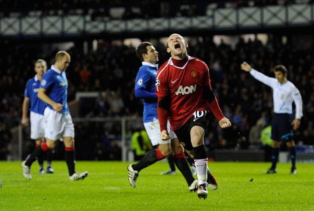 Wayne Rooney of Manchester United celebrates scoring, Glasgow Rangers - Manchester United (ManU) EDITORIAL USE ONLY. No use with unauthorised audio, video, data, fixture lists, club league logos or live services. Online in-match use limited to 120 images, no video emulation. No use in betting, games or single club league player publications. o0 Jubel, Freude