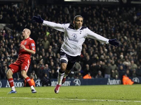 Tottenhams Aaron Lennon celebrates scoring his sides second goal - Barclays Premier League Tottenham Hotspur (white) v Liverpool FC (red) 28th November, 2010 EDITORIAL USE ONLY. No use with unauthorised audio, video, data, fixture lists, club league logos or live services. Online in-match use limited to 120 images, no video emulation. No use in betting, games or single club league player publications.