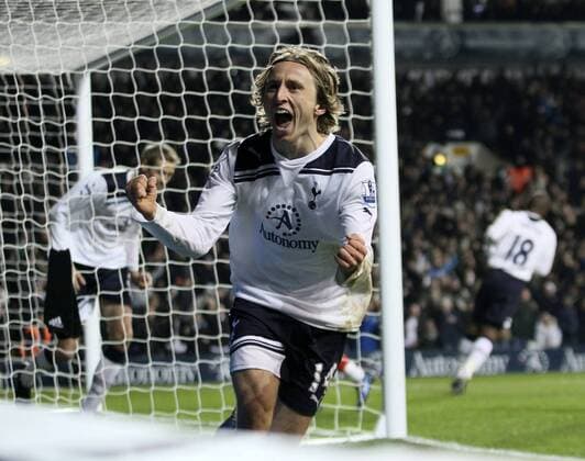 Tottenhams Luka Modric celebrates his sides opening goal - Barclays Premier League Tottenham Hotspur (white) v Liverpool FC (red) 28th November, 2010 EDITORIAL USE ONLY. No use with unauthorised audio, video, data, fixture lists, club league logos or live services. Online in-match use limited to 120 images, no video emulation. No use in betting, games or single club league player publications. o0 Freude Jubel