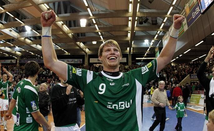 Schlussjubel Goeppingen, Manuel Spaeth (FAG) . Frisch Auf FA Goeppingen vs. Fuechse Berlin. Handball-Bundesliga 2010-2011 . Goeppingen , DEU, 04.12.2010 ,